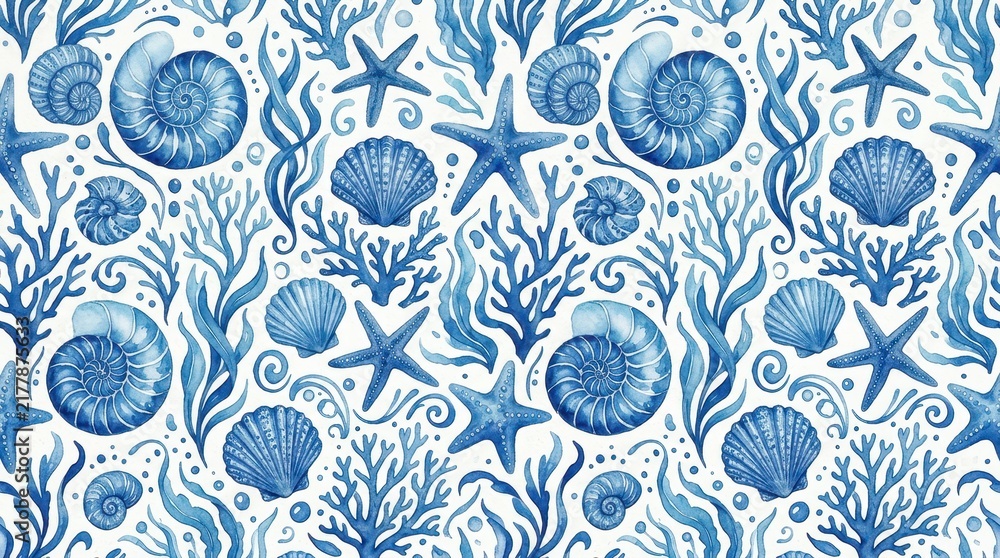 Obraz premium Blue Watercolor Seamless Pattern with Seashells, Starfish, Coral and Seaweed for Nautical Textile Design
