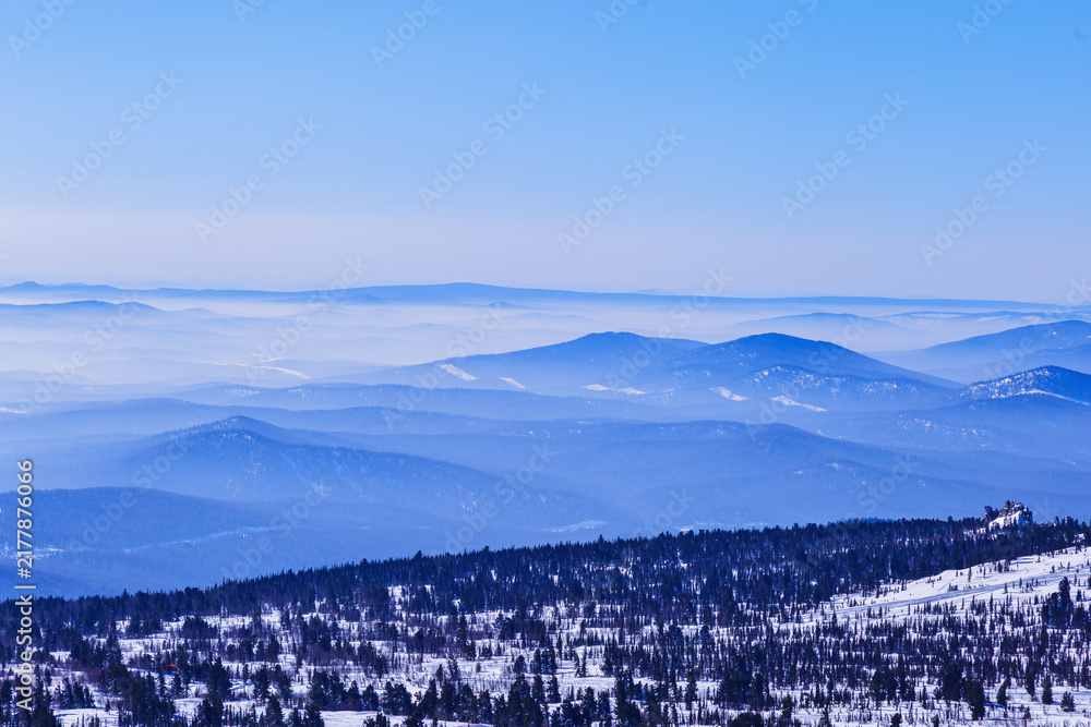 Obraz premium View from mount peak Mystag on Green mount, Altai mountains covered snow forest in soft blue haze, nature landscape. Peaks fades in distance under clear winter blue sky, natural gradient tones.