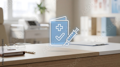 Digital vaccination management concept with medical record document, approval checkmark and syringe symbol