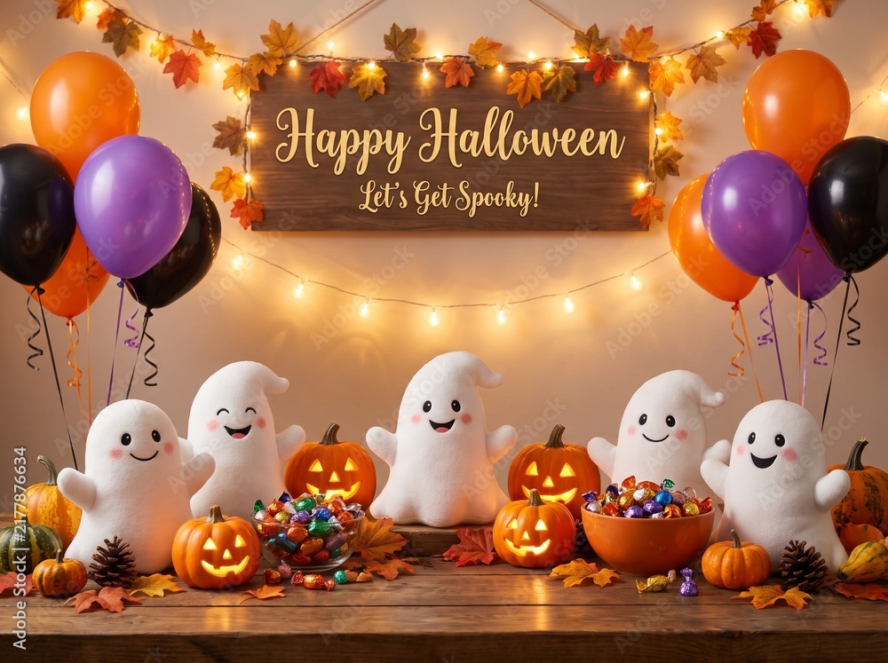 Fototapeta premium Halloween Greeting Card and Poster Design Collection with Pumpkins, Candles, Haunted Houses and Spooky Seasonal Decorations