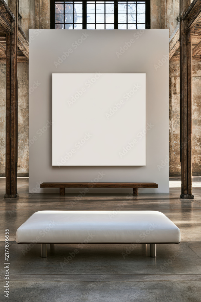 Obraz premium Minimalist white art gallery interior with blank canvas, modern bench, industrial windows, and exposed columns, evoking calm and inspiration