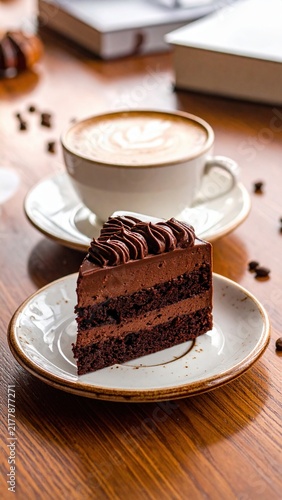 Delicious Chocolate Cake Slice with Coffee on Wooden Table in Cozy Cafe Setting
