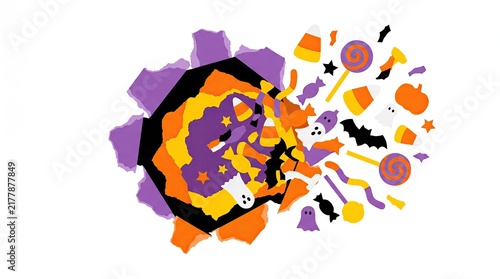 Fotografie Halloween candy bursting out of a torn paper hole, festive trick or treat celebr