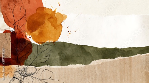Thanksgiving day mixed media collage background with autumn leaves, acorns and torn paper textures