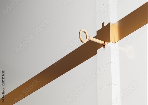Golden Key Unlocking a White Jigsaw Puzzle Piece