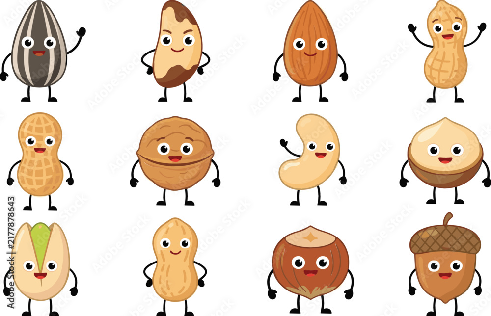 Obraz premium Cute nuts and seeds cartoon character set featuring almond peanut walnut cashew hazelnut pistachio and acorn