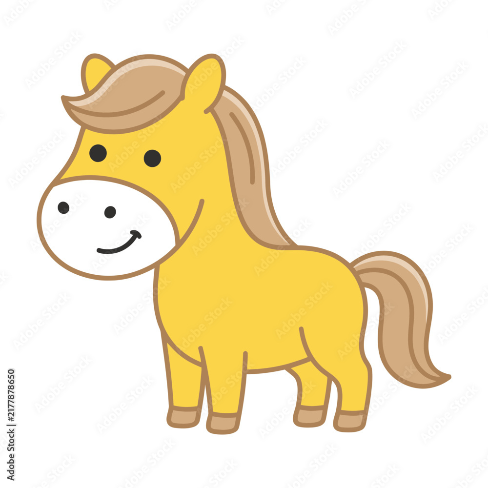 Obraz premium Smiling yellow cartoon horse with brown mane and tail standing alone