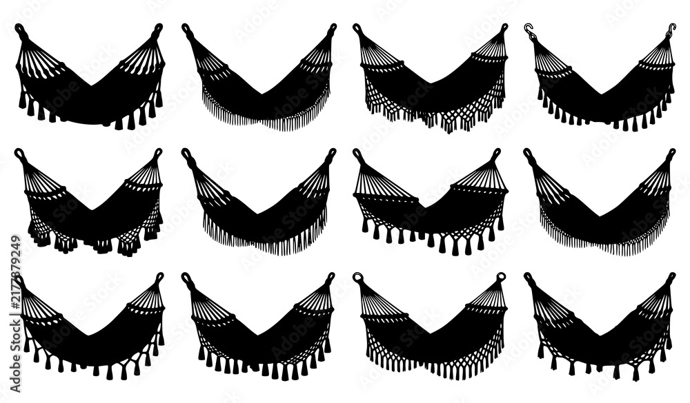 Fototapeta premium Set of Black Decorative Bunting Garland Silhouettes Featuring Multiple Banner Shapes, Patterns and Hanging Tassel Designs