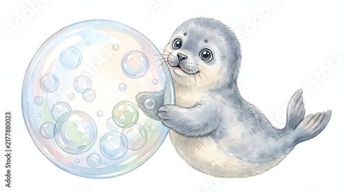 Adorable baby seal holding a large shimmering bubble in a soft watercolor style