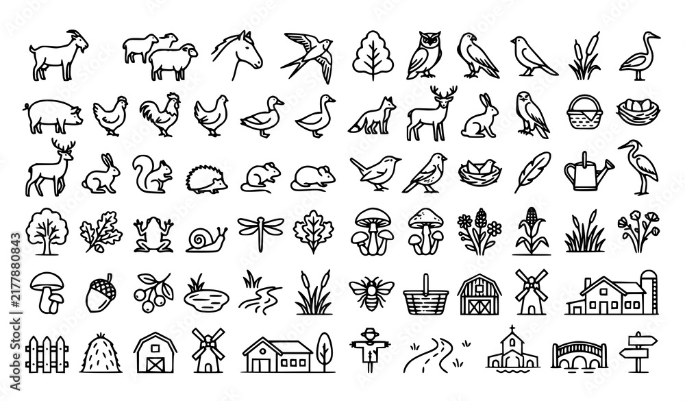Obraz premium Countryside Wildlife Farm Animals Birds and Rural Nature Outline Vector Collection