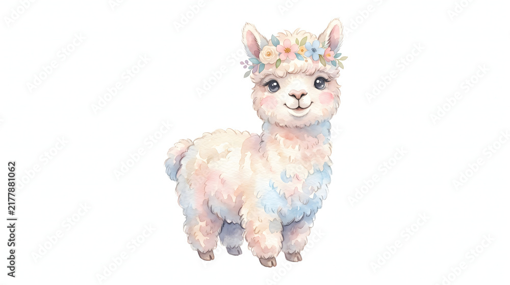 Fototapeta premium Cute watercolor baby llama wearing a pastel flower crown on its head