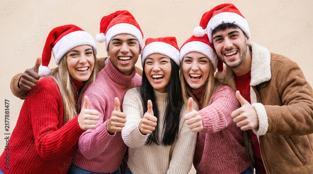 Fototapeta premium Group of friends celebrating christmas together with festive santa hats and smiles