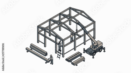 Принти на полотні Steel frame structure under construction with heavy machinery.