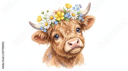 Cute watercolor baby highland cow calf wearing a crown of wildflowers and daisies
