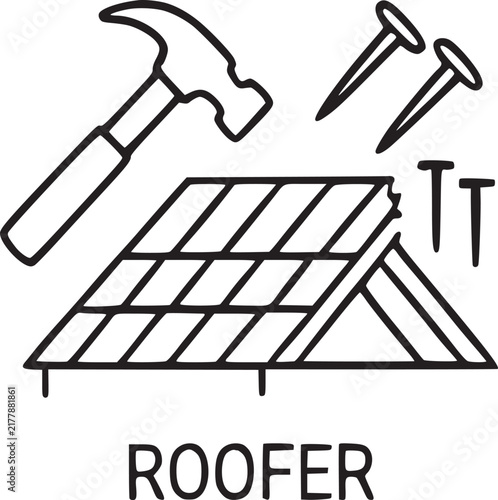 A roofer is preparing to install roofing materials with a hammer and nails