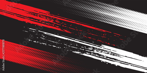 Abstract red and white diagonal grunge brush stroke with halftone pattern background on dark background.