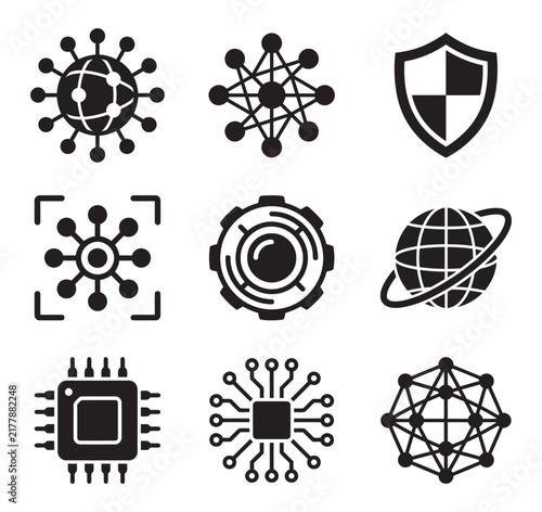 Set of black and white technology icons representing digital connectivity data security and modern computing infrastructure