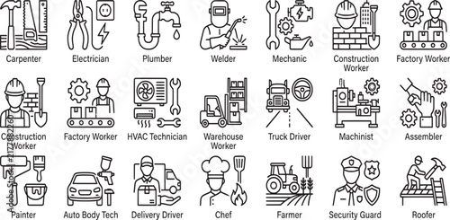 A collection of various industrial and manufacturing related line drawings and icons