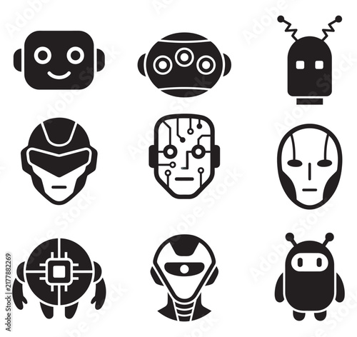 Set of black and white robot head icons representing artificial intelligence and futuristic technology for digital design