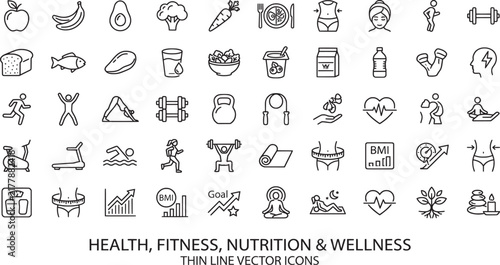 A collection of thin line vector icons related to health and wellness