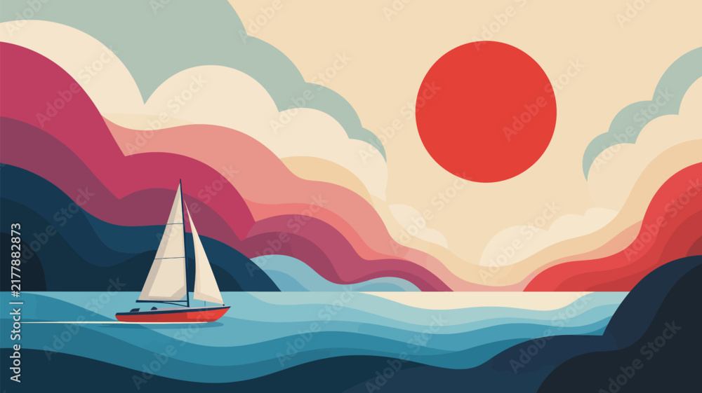 Naklejka premium Sailboat cruising across wavy ocean water under a sky with layered colorful clouds and a radiant red sun