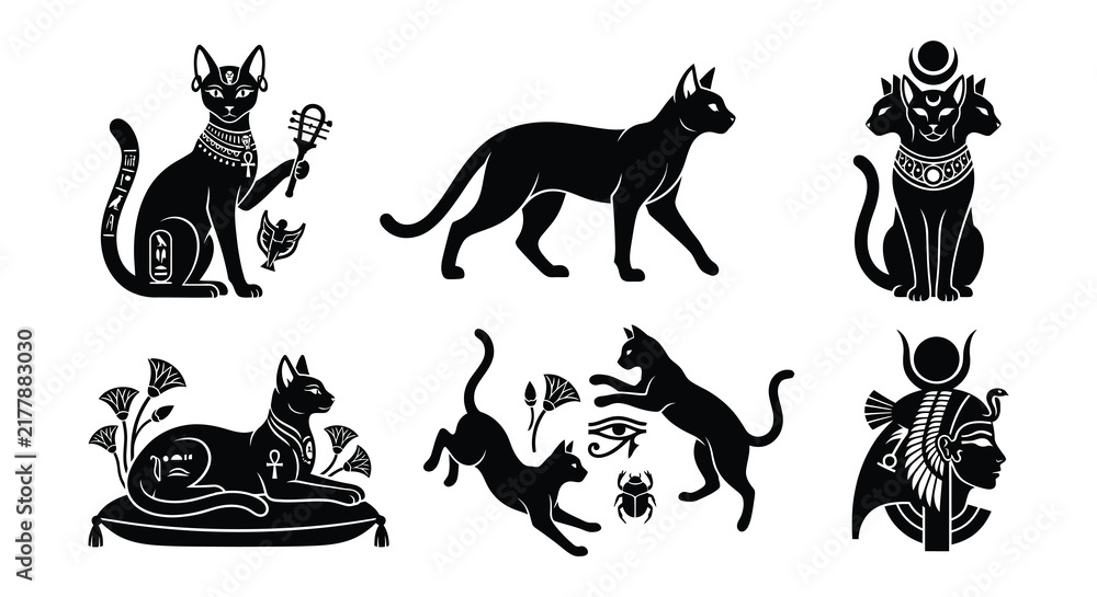 Obraz premium Egyptian cat goddess and feline silhouettes in black vector illustration