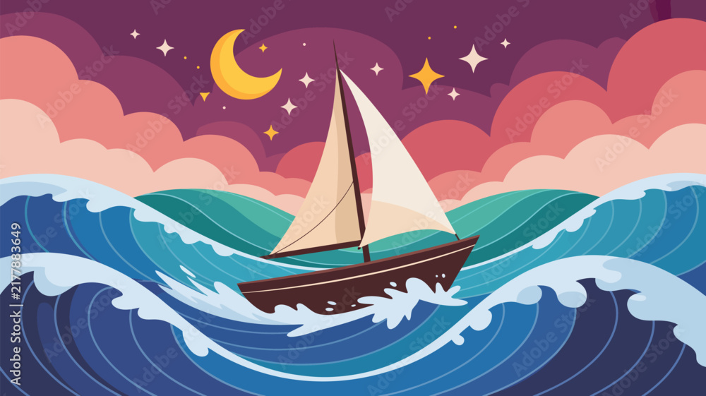 Fototapeta premium Sailboat riding dynamic ocean waves under moon and sparkling stars