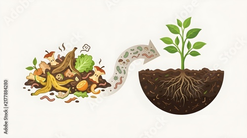 Composting Process Diagram from Food Waste to Growing Plant with Roots