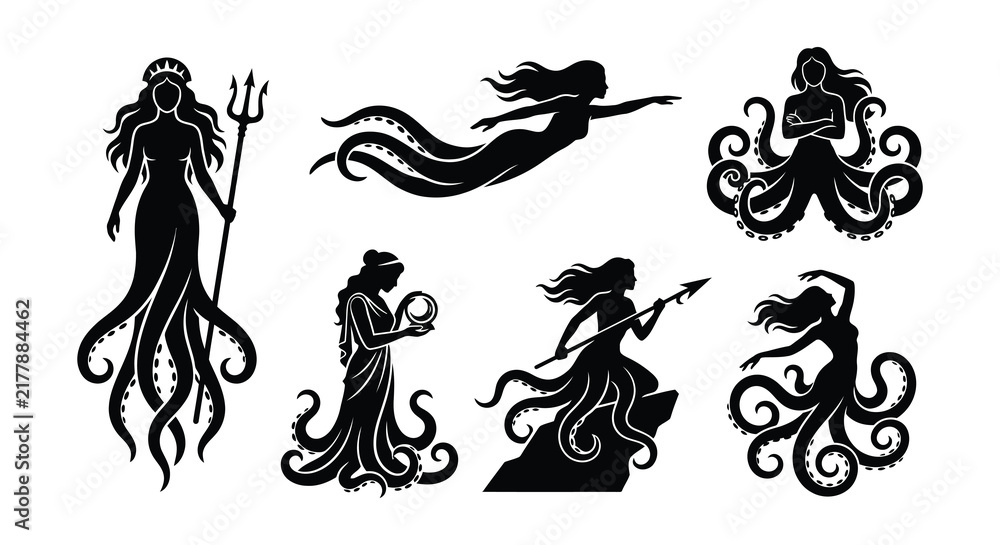 Fototapeta premium Silhouettes of mermaid like figures with octopus tentacles on a white background
