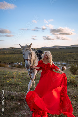 Bild auf Leinwand Woman horse red dress walking beside magnificent white steed in grassy meadow