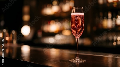 Sparkling rose champagne flute filled with effervescent pink liquid sits elegantly on a polished wooden counter under warm ambient lighting