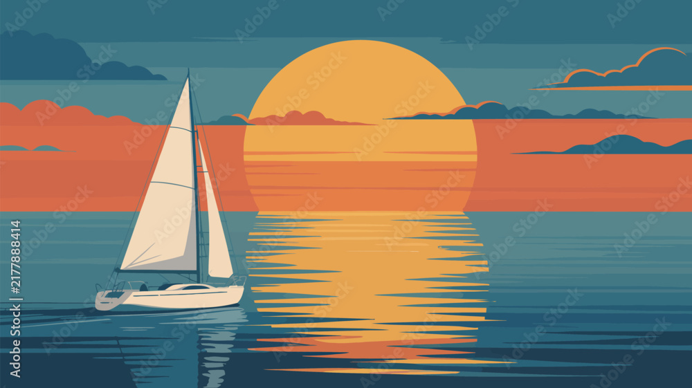 Naklejka premium Solitary sailboat glides across tranquil water as the big orange sun sets