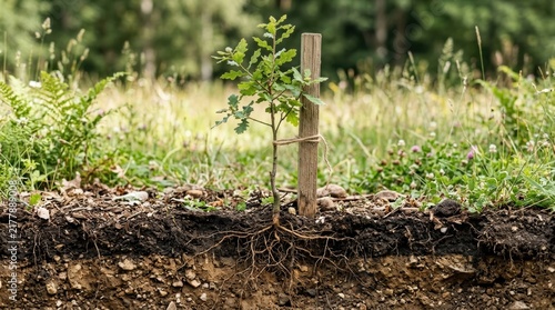 Young tree supported by stake