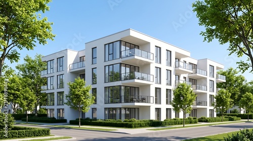 Contemporary residential apartment building exterior featuring white facade and glass balconies surrounded by lush greenery under bright sun representing high quality urban living architecture