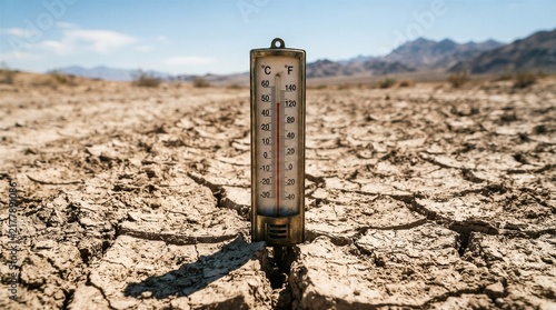 Old thermometer stands in cracked, arid earth. Sunlit desert stretches wide behind it. Mountains loom distant under clear blue sky. Thermometer shows dangerously high temperatures