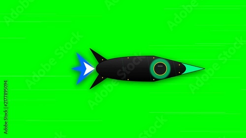 Modern Minimalist Futuristic Rocket Spacecraft Flying on Green Screen Background