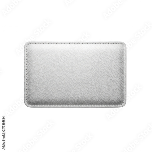 Rectangular white leather patch with detailed stitching isolated on transparent background for clothing branding
