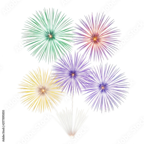 Group of colorful fireworks display isolated on transparent background for festive graphic design projects