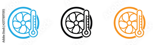 Fan Thermometer Icon Set Air Conditioning Climate Control Temperature Meter Radiator Cooling System Line Vector Graphic Illustration Isolated