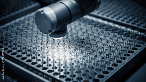 Automated industrial robotic arm dispensing liquid into glass vials in a pharmaceutical laboratory with automation