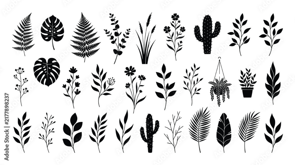 Obraz premium Houseplants, cacti, ferns, and wild botanical foliage silhouettes form a diverse collection against a clean white background.