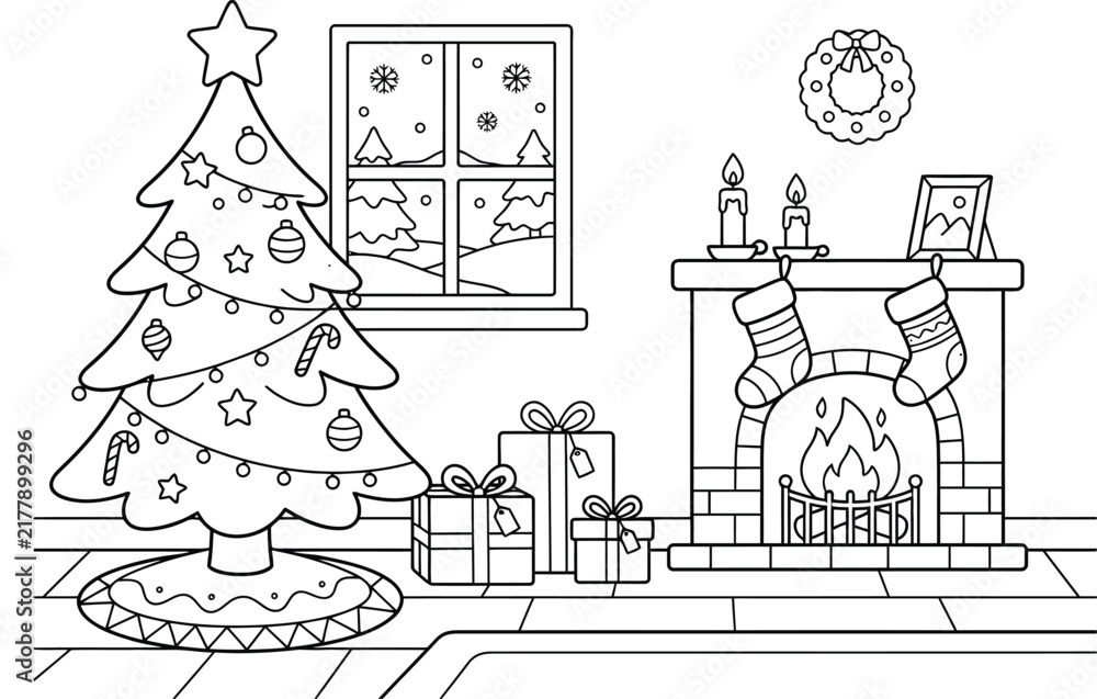 Fototapeta premium A delightful christmas scene coloring page featuring a decorated tree and a cozy winter house perfect for holiday fun