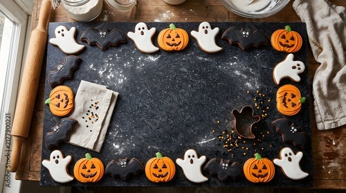 A delightful overhead shot showcases a festive halloween spread of cookies featuring charming ghosts and intricately decorated pumpkin designs ready for enjoyment