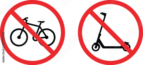 No bicycle and electric scooter prohibition signs representing restricted vehicles, area safety regulations, traffic control, and public security.