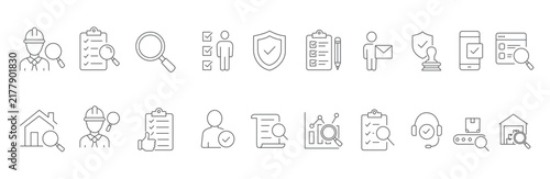 Linear Style Inspection Web Icon Set. Collection of quality control, line icons, including checks product, Editable stroke