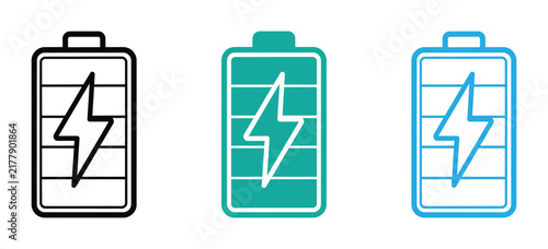 Battery Charging Icon Set Power Energy Lightning Bolt Indicator Fully Charged Full Capacity Colorful Line Vector Graphic Illustration Isolated