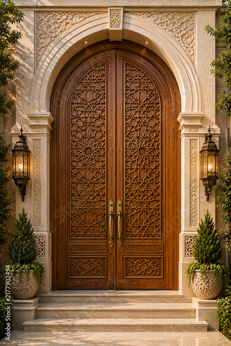 Luxury Teak Double Entrance Door with Intricate Islamic Geometric Carved Design