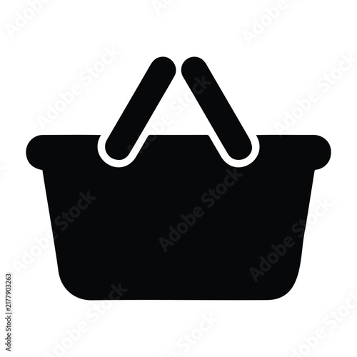 Shopping basket icon with two handles for carrying items in bold black minimalist design.