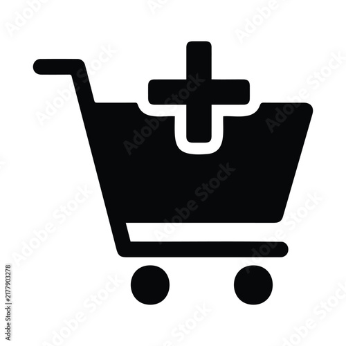 Shopping cart with plus sign icon for adding items shown in bold black graphic silhouette.
