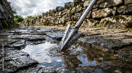 Obraz na płótnie Shovel digging into muddy puddle on stone path with stone wall background.